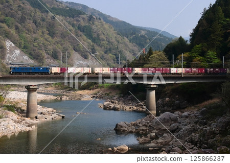A freight train (81 train) towed by EF64 runs powerfully on the Chuo-Nishi Line in early summer with beautiful fresh greenery. Photographed on April 19, 2025 A freight train (81 train) towed by EF64 runs powerfully on the Chuo-Nishi Line in early summer with beautiful fresh greenery. Photographed on April 19, 2025 125866287