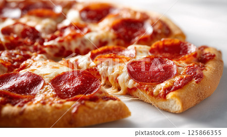 Freshly baked pizza with melted cheese and crispy pepperoni | Mouthwatering texture 125866355