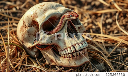 Snake inside the skull. This composition creates a striking contrast between the organic form of the snake and the skeletal structure. AI generated. 125866530