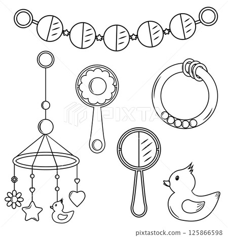 A set of children's rattle toys in the doodle style, black outline coloring book, isolated vector illustration on a white background A set of children's rattle toys in the doodle style, black outline coloring book, isolated vector illustration on a white background 125866598