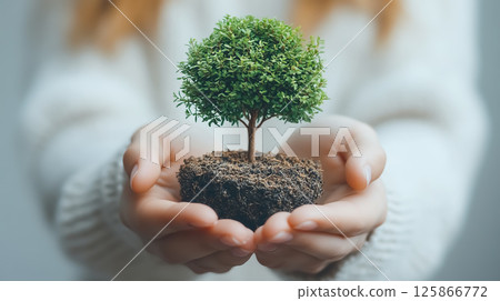 Woman hands holding small tree in environment protection concept 125866772