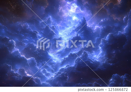 Heavenly Celestial Dreamscape with Ethereal Blue Clouds and Stairway to the Stars Generative AI 125866872
