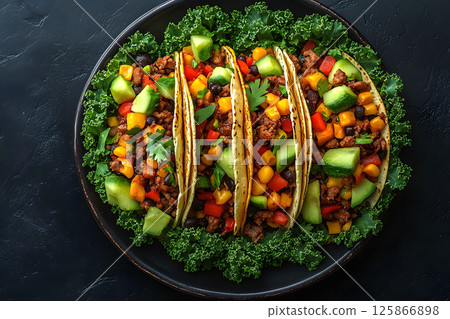 Delicious Tacos with Fresh Avocado and Kale on Black Plate for Mexican Cuisine Concept Generative AI 125866898