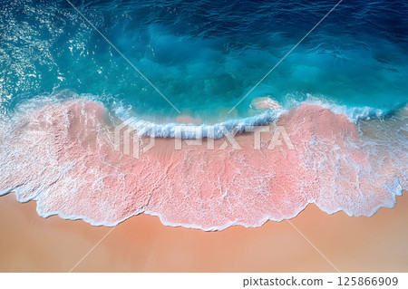 Aerial View of Pink Sand Beach with Turquoise Waves for Dreamy Vacation Designs Generative AI 125866909