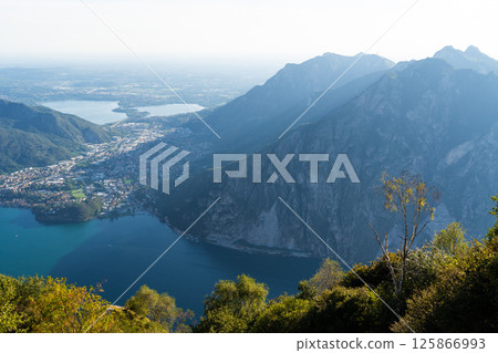 Panoramic view of lakes and surrounding mountains near town of Lecco Panoramic view of lakes and surrounding mountains near town of Lecco 125866993