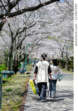 Lovers walking in a cherry blossom park Lovers walking in a cherry blossom park 125867094