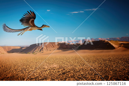 Generative AI Illustration Dilophosaurus dinosaur in the mountains 125867116