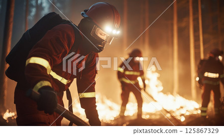 Firefighter battling forest blaze with protective gear, intense orange flames in background 125867329