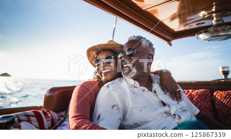 Happy middle-aged black couple enjoying yacht vacation under sunny sky 125867339