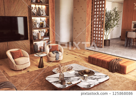 Warm modern living room with marble coffee tables and wood decor 125868086