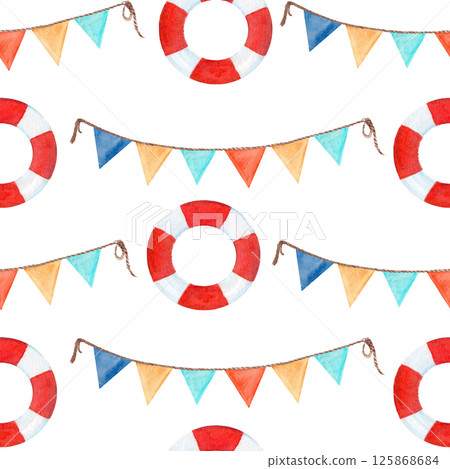Stretched flag garland with lifebuoy seamless pattern isolated on white. Hand-drawn watercolor illustration perfect for birthday cards, baby shower, stationary, celebrations, programs design and decor Stretched flag garland with lifebuoy seamless pattern isolated on white. Hand-drawn watercolor illustration perfect for birthday cards, baby shower, stationary, celebrations, programs design and decor 125868684