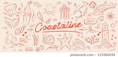 set of Red toned beach and sea life objects illustration suitable for summer themed designs, beach party invitations, posters, and ocean related projects. 125868694