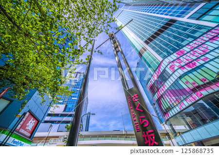 Tokyo cityscape in Japan, May, in front of Shibuya Station. View of Sakurazaka with fresh greenery, Shibuya Sakura Stage, SHIBUYA Tower, etc. 125868735