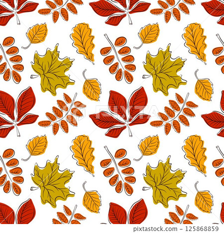 Seamless autumn leaves pattern with red, yellow and orange foliage flat style on white background. Seasonal botanical design perfect for fabric, wallpaper, wrapping paper and fall decoration project. 125868859