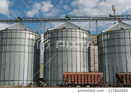 Large metallic silos are aligned in an industrial farm area, showcasing grain storage facilities under a bright blue sky 125868968