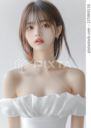A clean-cut portrait of a young woman against a white background 125869116
