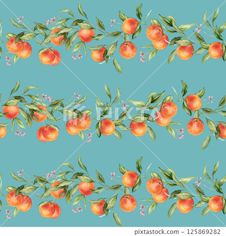 Seamless pattern with watercolor illustration of grapefruit with pink flowers. Hand painted print with grapefruit branche with green leaves on isolated. Citrus food for wrapping paper, textile design 125869282