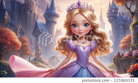 cartoon princess with long blonde hair, wearing a purple dress and crown, against a backdrop of a fairytale kingdom castle 125869335