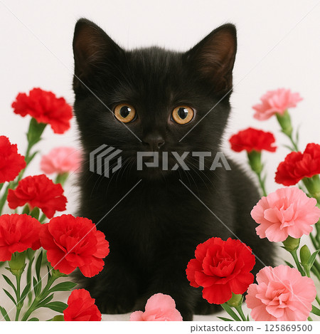 Black cat surrounded by carnations for Mother's Day Black cat surrounded by carnations for Mother's Day 125869500