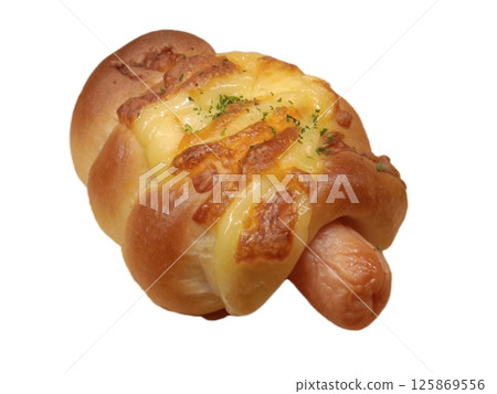 Delicious sausage bread with cheese topping on white background. Delicious sausage bread with cheese topping on white background. 125869556