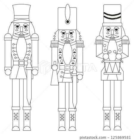 Set vector hand-drawn illustration of three different nutcrackers, with a sword, with a trumpet and with a drum. Set vector hand-drawn illustration of three different nutcrackers, with a sword, with a trumpet and with a drum. 125869581