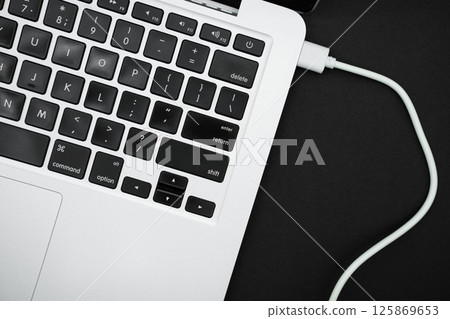 Gray modern laptop computer top view. Close up of laptop keyboard 125869653