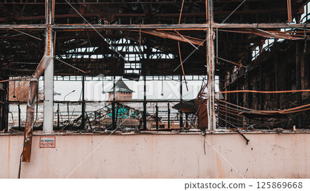 Damage to a commercial building following a structure fire. Windows broken after fire disaster, destroyed property Damage to a commercial building following a structure fire. Windows broken after fire disaster, destroyed property 125869668