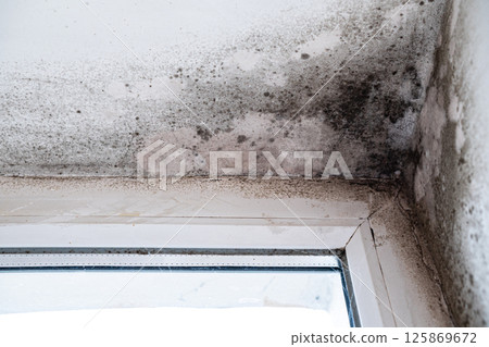 Condensation on the wall, in the form of black spots. Mold growth on white surface. Problems of the old house Condensation on the wall, in the form of black spots. Mold growth on white surface. Problems of the old house 125869672