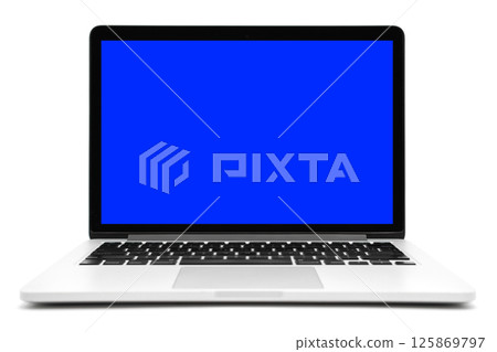 Portable modern computer with blue screen, blank screen, on a white background 125869797