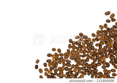 Coffee beans pile from top copy space for text on white background 125869806