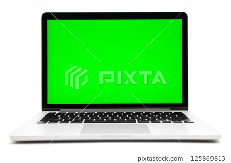 Laptop computer with green screen isolated on white background Laptop computer with green screen isolated on white background 125869813