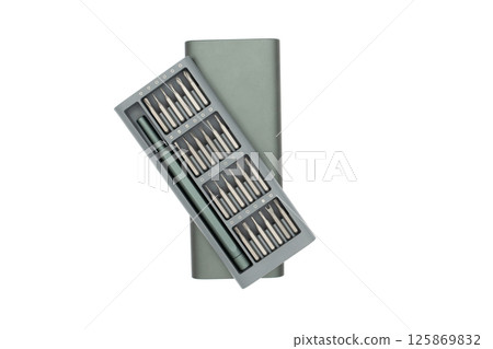 Set of screwdrivers. Interchangeable screwdriver set with different types of metal bits. Isolated on white 125869832