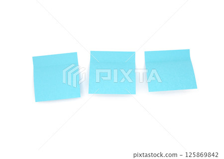 Three blue blank sticky notes on white background. Front view Three blue blank sticky notes on white background. Front view 125869842