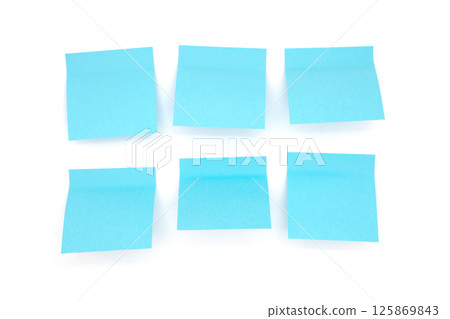 Six blue sheets for notes on a white background, space for your text, isolate Six blue sheets for notes on a white background, space for your text, isolate 125869843