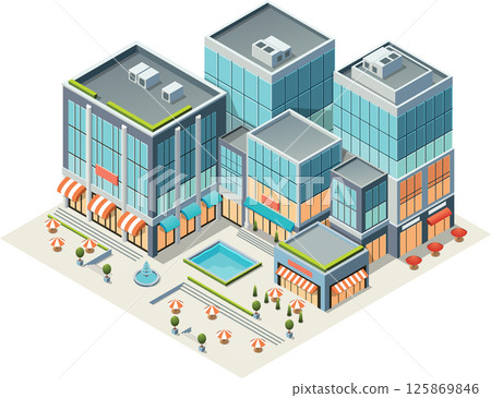 Isometric modern commercial district with shops, offices, and plaza Isometric modern commercial district with shops, offices, and plaza 125869846