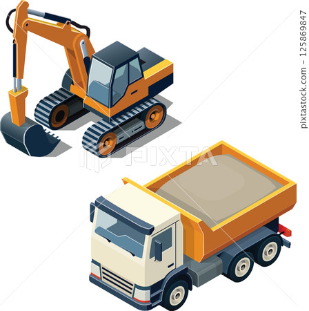 Isometric vector illustration of a dump truck and excavator  125869847