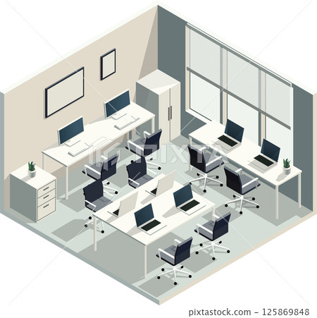 Isometric vector illustration of a modern office workspace with desks and computers Isometric vector illustration of a modern office workspace with desks and computers 125869848
