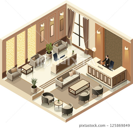 Isometric vector illustration of a luxury hotel lobby with reception and lounge area 125869849