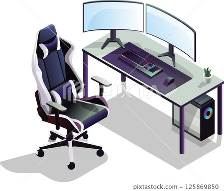 Isometric gaming desk setup with dual monitors and gaming chair Isometric gaming desk setup with dual monitors and gaming chair 125869850