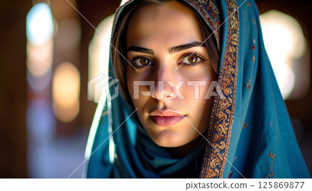 Arab culture, Turkish girl islam exuding mystery, portrait of a mysterious woman wearing a richly embroidered blue headscarf, culture, elegance, spirituality, and human emotion 125869877
