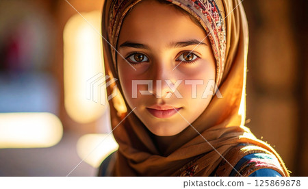 Arab culture, Turkish girl islam exuding mystery, portrait of a mysterious woman wearing a richly embroidered blue headscarf, culture, elegance, spirituality, and human emotion Arab culture, Turkish girl islam exuding mystery, portrait of a mysterious woman wearing a richly embroidered blue headscarf, culture, elegance, spirituality, and human emotion 125869878