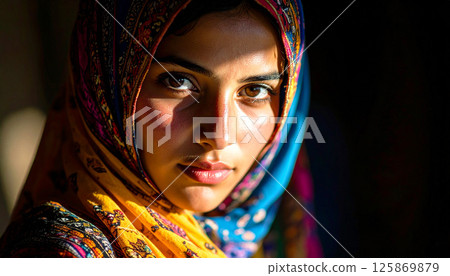 Arab culture, Turkish girl islam exuding mystery, portrait of a mysterious woman wearing a richly embroidered blue headscarf, culture, elegance, spirituality, and human emotion Arab culture, Turkish girl islam exuding mystery, portrait of a mysterious woman wearing a richly embroidered blue headscarf, culture, elegance, spirituality, and human emotion 125869879