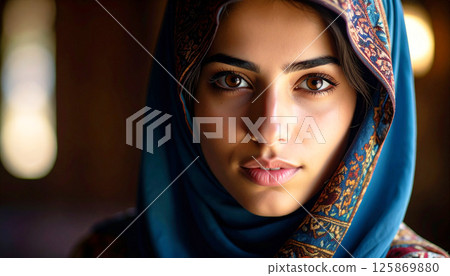 Arab culture, Turkish girl islam exuding mystery, portrait of a mysterious woman wearing a richly embroidered blue headscarf, culture, elegance, spirituality, and human emotion 125869880