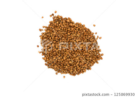 A bunch of buckwheat on a white background. Buckwheat grains. Top view A bunch of buckwheat on a white background. Buckwheat grains. Top view 125869930