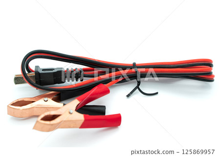 Cable with Crocodile clip. Metal crocodile clip. Black and red wires with copper clamps isolated on a white background 125869957