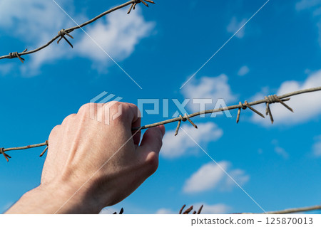 Human hand holding barbed wire and sky background. Conceptual scene 125870013
