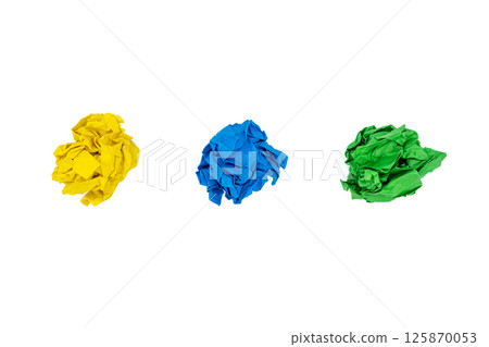 Collection of colorful crumpled papers solated on white background. Yellow, blue and green 125870053