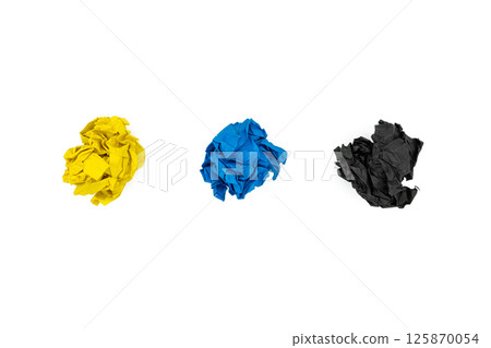 Three colorful crumpled paper isolated on white. Black, blue and yellow 125870054