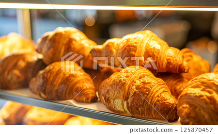 golden croissant, buttery pastry, croissants arranged on a shelf in a bakery display case, The warm, golden lighting illuminates the flaky texture, deliciousness and appeal of freshly baked goods 125870457