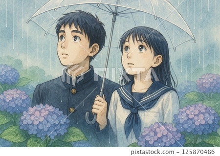 Hydrangea, rain and couple 125870486